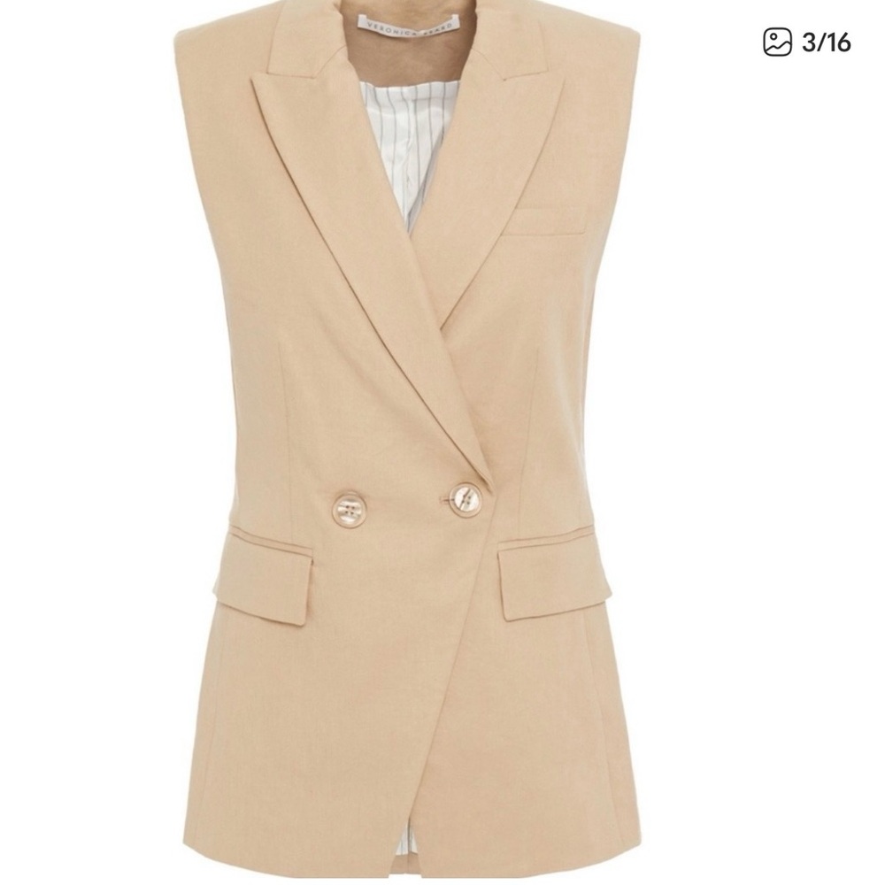 Veronica Beard Sleeveless Double-Breasted Blazer Vest in Beige